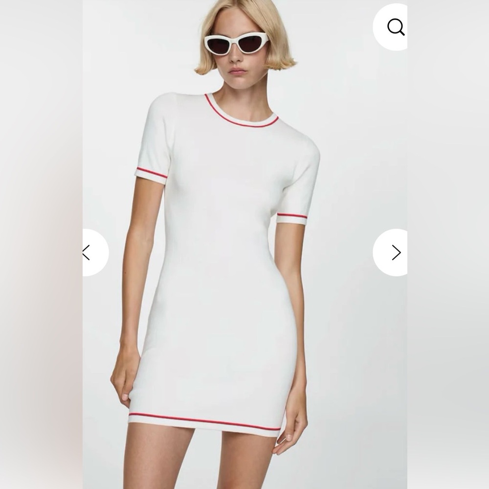 Mango White Mini Knit Dress with Red Trim